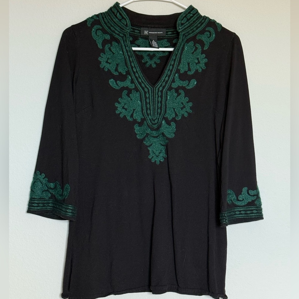 INC International Concepts Black Tunic with Green Embroidery